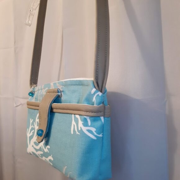 New Artsy Tree Branches Canvas & Vinyl Purse Shoulder bag Aqua Tan White coastal - Picture 3 of 11